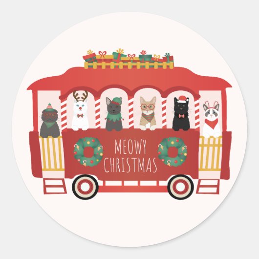 Katten Kerst Trolly Meowy Kerstmis Ronde Sticker (Voorkant)