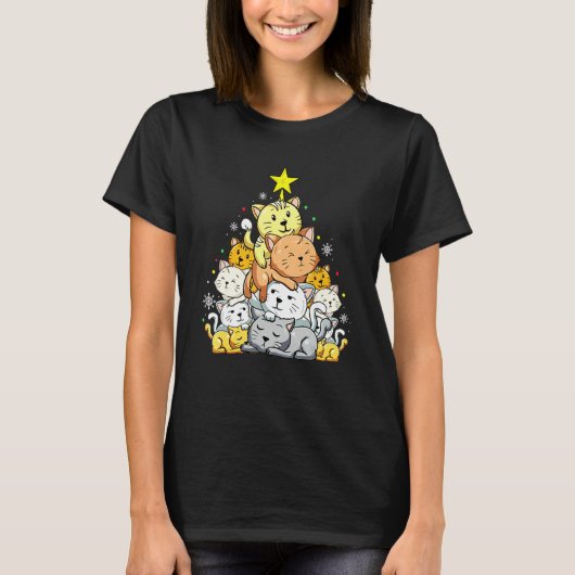 Katten Kerstboom Meowy Catmas Kerstmis T-shirt (Voorkant)