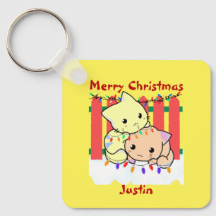 Katten kerstmis buiten deur, gepersonaliseerde naa sleutelhanger