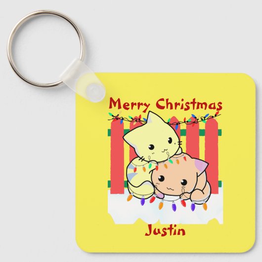 Katten kerstmis buiten deur, gepersonaliseerde naa sleutelhanger (Voorkant)