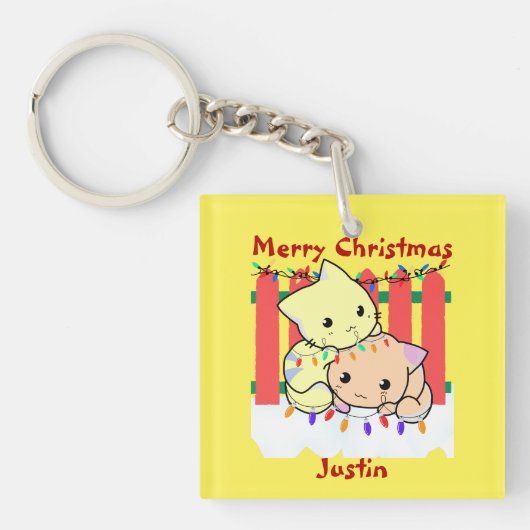 Katten kerstmis buiten deur, gepersonaliseerde naa sleutelhanger (voorkant)