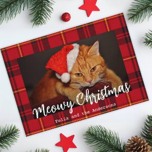 Katten Kerstmis Huisdier Kat Foto en Rode Schotse Feestdagenkaart