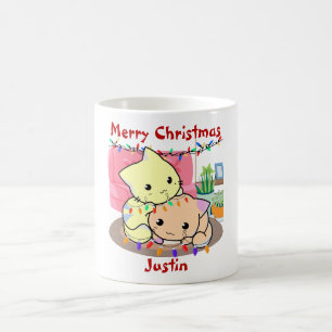Katten kerstmis op mat, gepersonaliseerde naam koffiemok