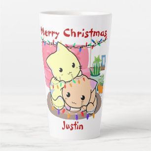 Katten kerstmis op mat, gepersonaliseerde naam latte mok