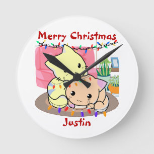 Katten kerstmis op mat, gepersonaliseerde naam ronde klok