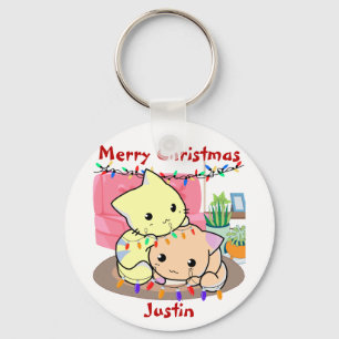Katten kerstmis op mat, gepersonaliseerde naam sleutelhanger