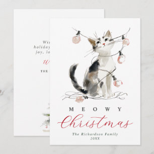 Katten Kerstmis Waterverf Kat & Lichtjes Feestdagenkaart