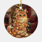 Katten & Kerstverlichting – Speelse Kat  Keramisch Ornament (Voorkant)