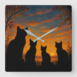Katten kijken naar zonsondergang vierkante klok
