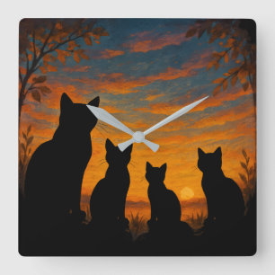 Katten kijken naar zonsondergang vierkante klok