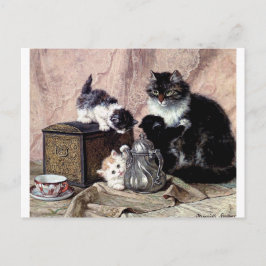 katten kittens spelen theepartij antiek schilderij briefkaart