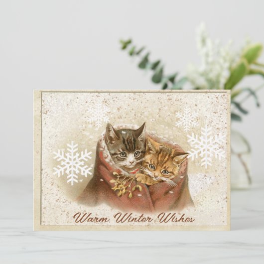 Katten Knuffelen Omhoog In De Sneeuw Kerstmis Vint Feestdagenkaart (Staand voorkant)