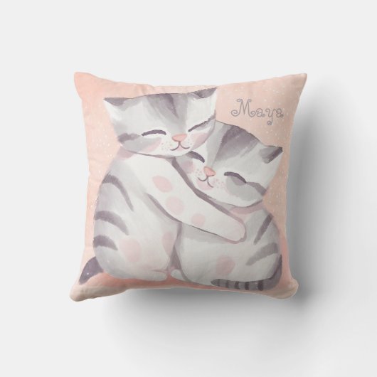 Katten Knuffelen Pastel Roze en Grijze Waterverf Kussen (Achterkant)