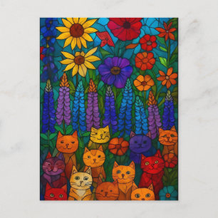 Katten Kunst van Glas-in-Lood met Bloemen Tuin Briefkaart