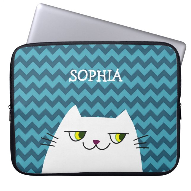 Katten Laptop Hoesje Monogram Blauwe Chevron Moppi Sleeve (Voorkant)