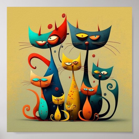 Katten, levendig, kleurrijk, grillig, gestileerd, poster (Voorkant)