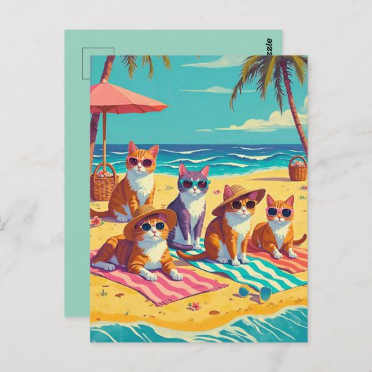 Katten luieren op het strand briefkaart (Voorkant / Achterkant)