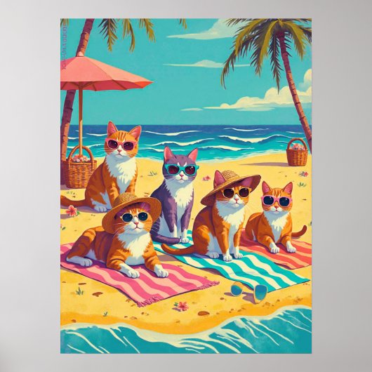 Katten luieren op het strand poster (Voorkant)