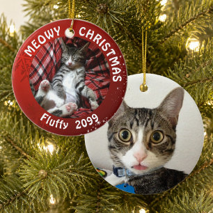 Katten "Meowy Kerstmis" 2-zijdig 2-foto rood Keramisch Ornament