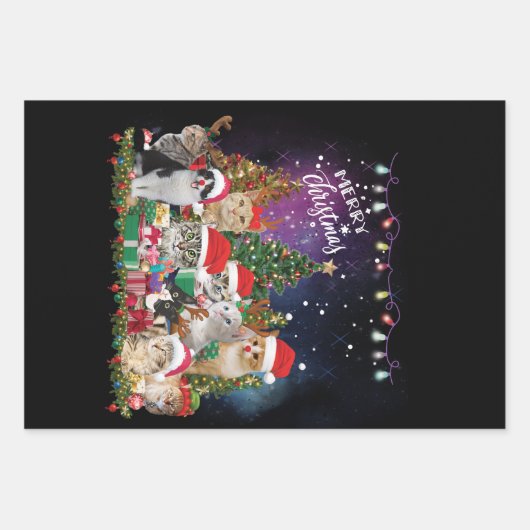 Katten Merry Kerstlight Inpakpapier Vel (Voorkant)