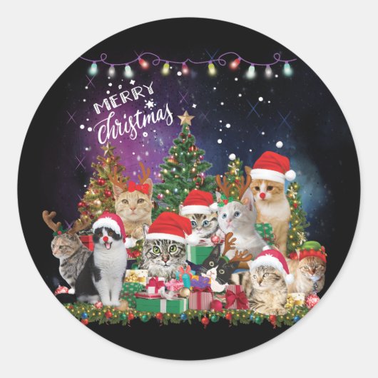 Katten Merry Kerstlight Ronde Sticker (Voorkant)