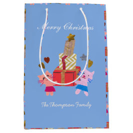 Katten met cadeau blauw kerstmis medium cadeauzakje