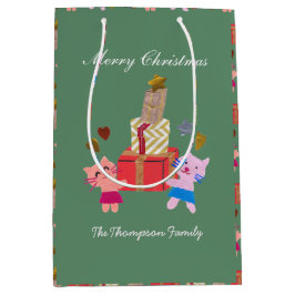 Katten met cadeau mos groen kerstfeest medium cadeauzakje