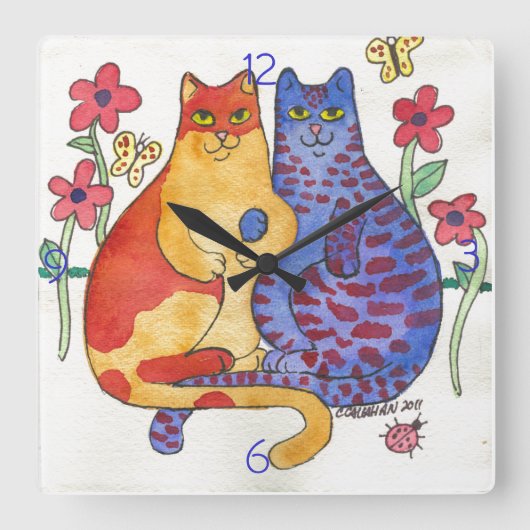 Katten met handen, folk Art Vierkante Klok (Voorkant)