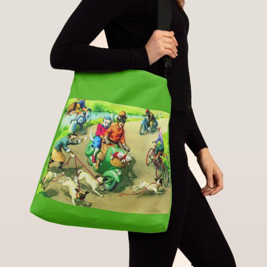 Katten met hoofdwieltjes op motorfietsen en fietse crossbody tas (Dichtbij)