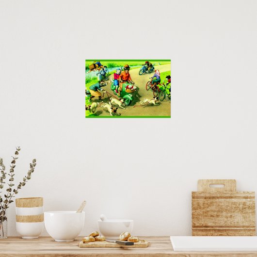 Katten met hoofdwieltjes op motorfietsen en fietse poster (Keuken)
