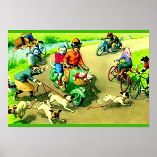 Katten met hoofdwieltjes op motorfietsen en fietse poster (Voorkant)