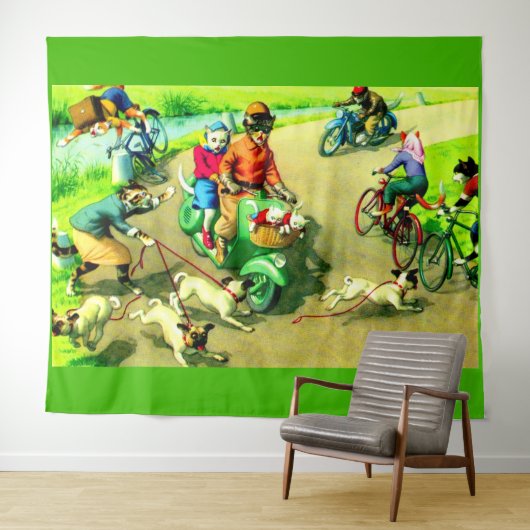 Katten met hoofdwieltjes op motorfietsen en fietse wandkleed (In Situ (horizontaal))