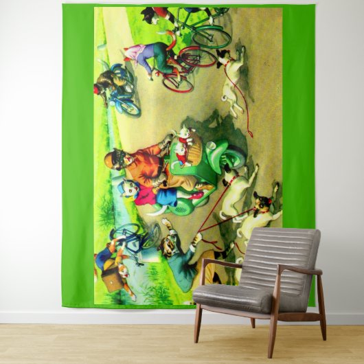 Katten met hoofdwieltjes op motorfietsen en fietse wandkleed (In situ)