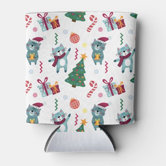 Katten met kerst grillig patroon blikjeskoeler (Voorkant)