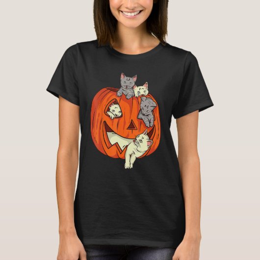 Katten met pompoen, gekarfd Jack O Lantern Cat Hal T-shirt (Voorkant)