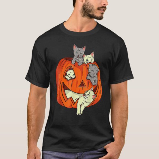 Katten met pompoen, gekarfd Jack O Lantern Cat Hal T-shirt (Voorkant)