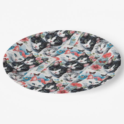 Katten met roze bloemen en vlinders papieren bordje (Gekanteld)