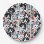 Katten met roze bloemen en vlinders papieren bordje (Voorkant)