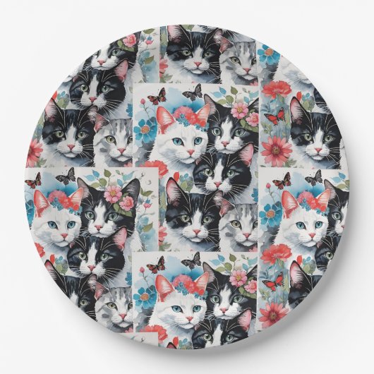 Katten met roze bloemen en vlinders papieren bordje (Voorkant)
