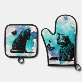 Katten met vlinders ovenwant & pannenlap set