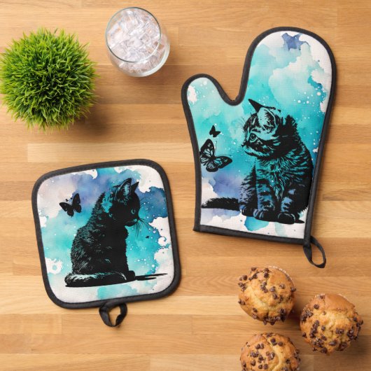 Katten met vlinders ovenwant & pannenlap set (Top down)