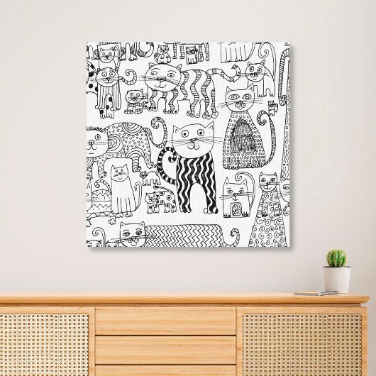 Katten Modern Zwart en Wit Handgetekend Canvas Afdruk
