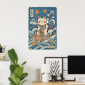 Katten Muur Kunst - Lachende Maneki Neko met Poster (Thuiskantoor)