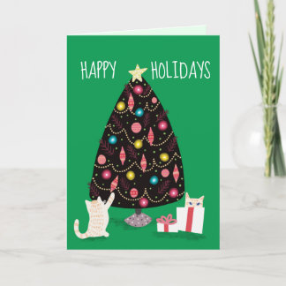 Katten onder de kerstboom-groen feestdagen kaart