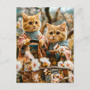 Katten onder kersenbloesems in Japan Feestdagenkaart