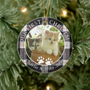 Katten Ons Eerste Kerstdag Foto Schotlandse Ruit Keramisch Ornament