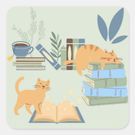 Katten op boeken vierkante sticker