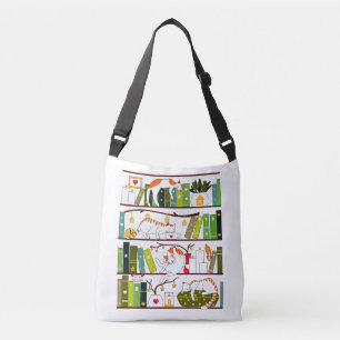 Katten op boekenplank, kat en boekenboekje crossbody tas