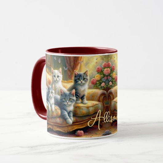 Katten op de bank - leuke scène in  look mok (Voorkant links)