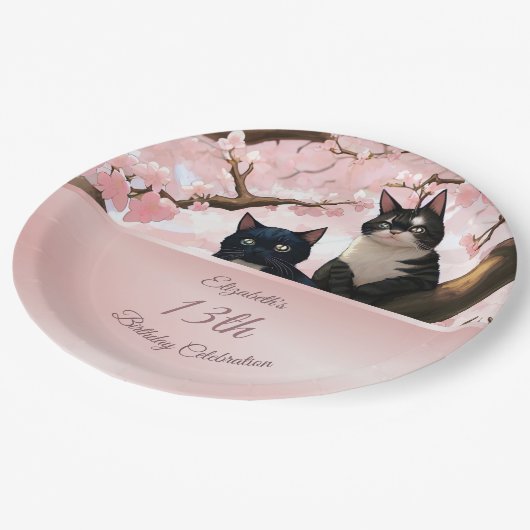 Katten op een Cherry Blossom Tree | Aangepaste ver Papieren Bordje (Gekanteld)